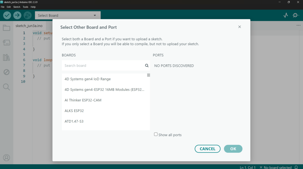 Board and Port Selection in Arduino IDE
